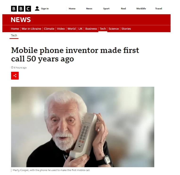 50 年前的今天，人類用手機打出了第一通移動電話